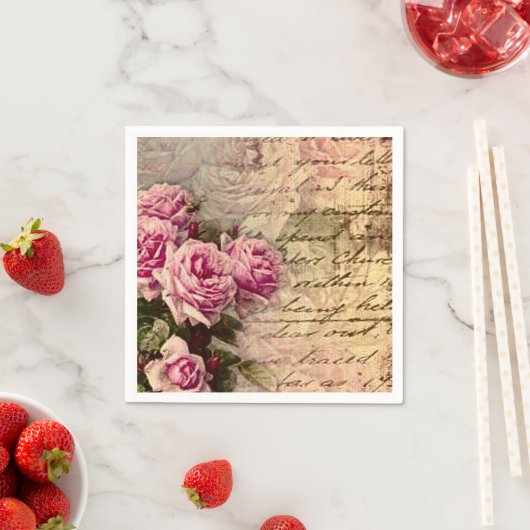 国シックフランスの，みすぼらしいシック，ピンクのバラ，フローラ スタンダードカクテルナプキン (インサイチュ)