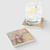 国シックフランスの，みすぼらしいシック，ピンクのバラ，フローラ ストーンコースター (横)