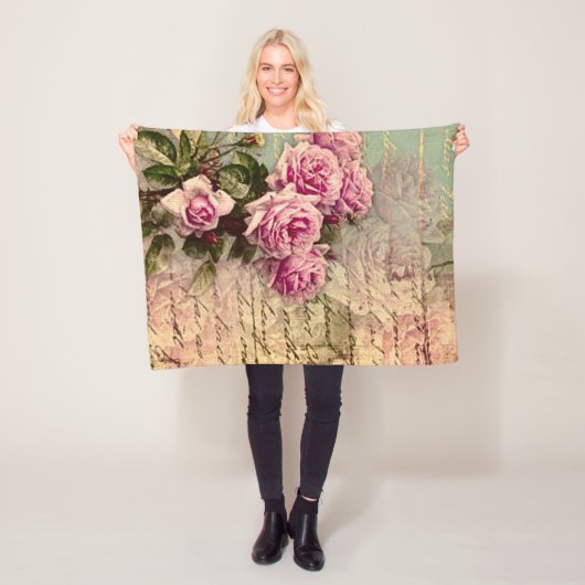 国シックフランスの,みすぼらしいシック,ピンクのバラ,フローラ フリースブランケット (インサイチュ)