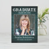 国スタイリッシュ素朴ティール（緑がかった色）木写真卒業 案内状 (スタンド正面)