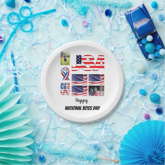 国パーソナライズされたボスの日8写真コラージュ ペーパープレート (パーティー)
