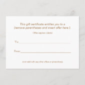 国ファッション小売ブティック、ギフト券 (裏面)