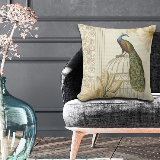 国フランスの植物百合ヴィンテージ孔雀 クッション