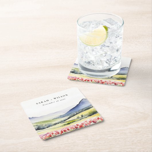 国ミニマルの春フローラの結婚横の場所 スクエアペーパーコースター (インサイチュ)