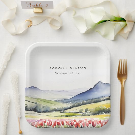 国ミニマル春フローラの結婚風景 ペーパープレート (ウェディング)