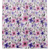 国モダンピンク紫フローラ水色 シャワーカーテン (正面)