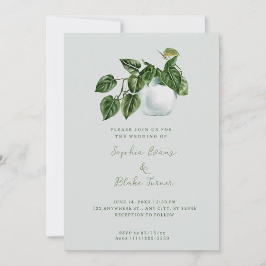 国モダン鉢植えライトグリーン結婚ズ 招待状 (正面)