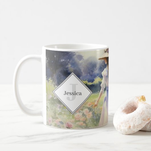 国モノグラムのコテージヴィンテージ水色 コーヒーマグカップ (ドーナツ)