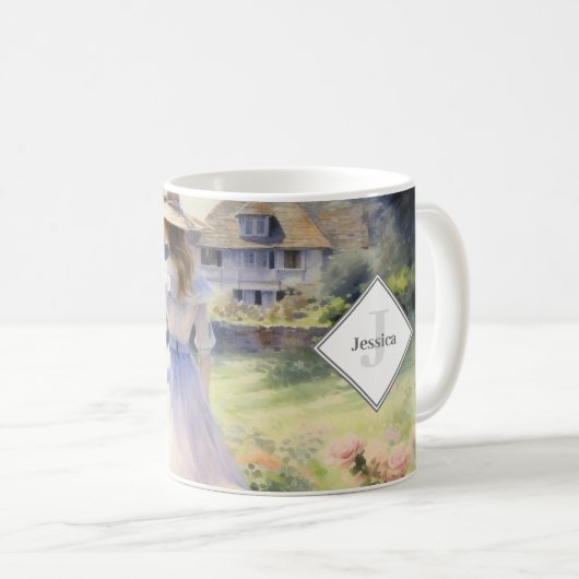 国モノグラムのコテージヴィンテージ水色 コーヒーマグカップ (正面右)