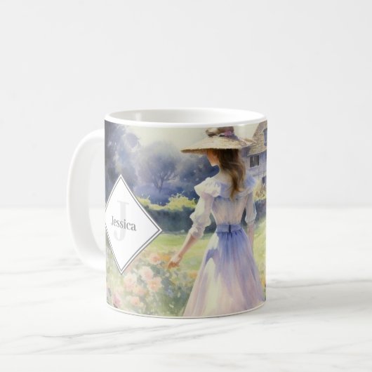 国モノグラムのコテージヴィンテージ水色 コーヒーマグカップ (正面左)