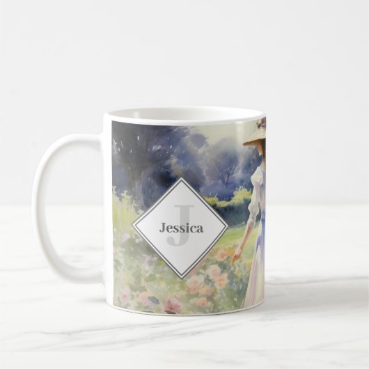 国モノグラムのコテージヴィンテージ水色 コーヒーマグカップ (左)