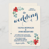 国ヴィンテージフローラ水色ネイビーレッド結婚ズ 招待状 (正面/裏面)