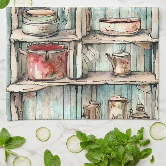 国ヴィンテージ手書きアートワーク素朴 キッチンタオル (折り畳み)