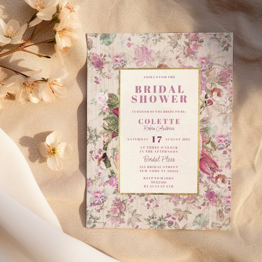 国ヴィンテージ赤面ピンクフローラブライダルシャワー 招待状