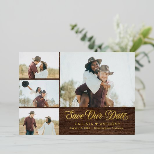 国側フォイル素朴ウェディング日付を保存 箔招待状 (立ち正面)