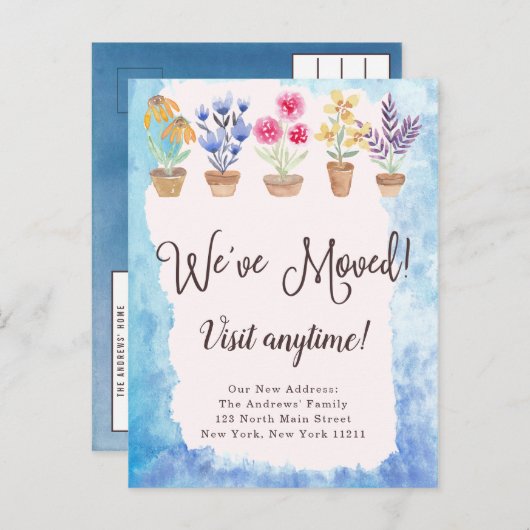 国可愛い水彩鉢植え新しい住所 案内ポストカード (正面/裏面)
