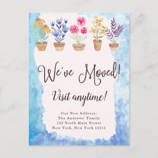 国可愛い水彩鉢植え新しい住所 案内ポストカード (正面)