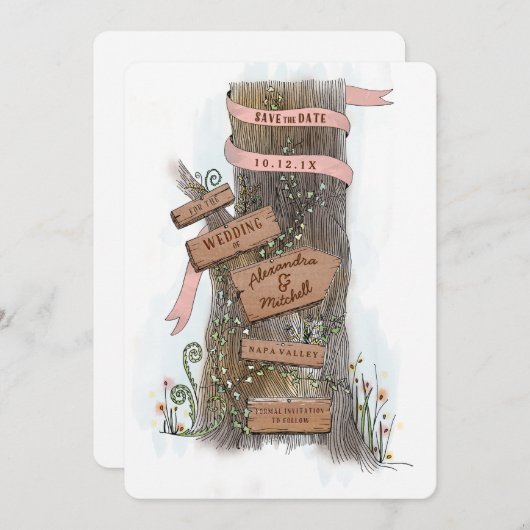 国図解入りの、写真付きのツリーのトランク日付の保存 セーブザデート (正面/裏面)