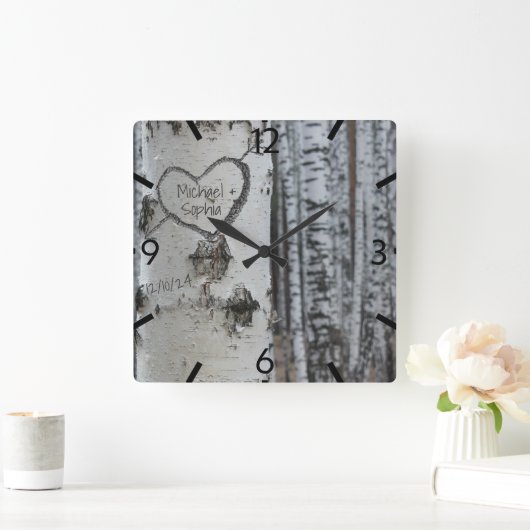 国彫り素朴ハート樺の木ツリー スクエア壁時計 (ホーム)