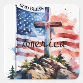 国旗とクロス"神の祝福アメリカ" スクエアシール (正面)