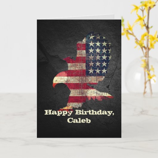 国旗とハゲのワシ誕生日（名前） カード (黄色い花)