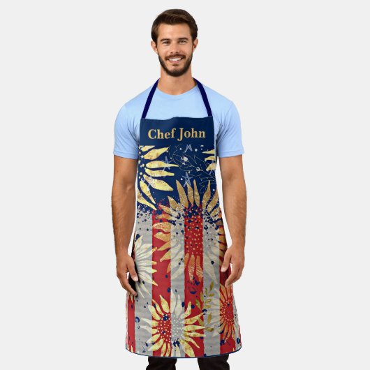 国旗とヒマワリパーソナライズされた エプロン (着用した状態)
