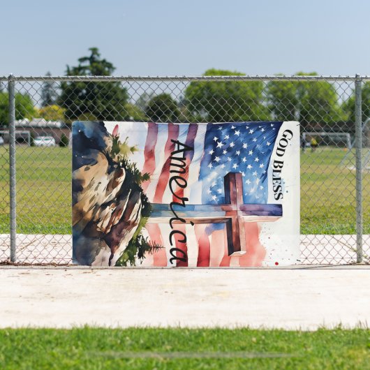 国旗と十字架 「神がアメリカを祝福してください」 横断幕 (インサイチュ)