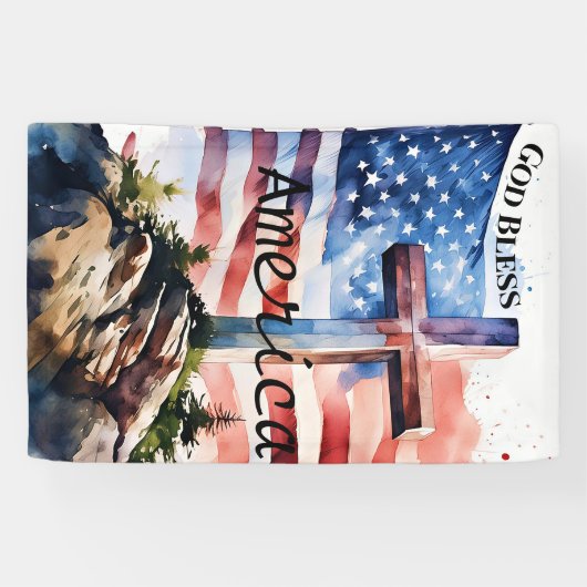 国旗と十字架 「神がアメリカを祝福してください」 横断幕 (横)