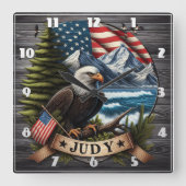 国旗と山を持つアメリカワシ スクエア壁時計 (正面)