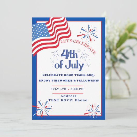 国旗と花火の愛国パーティー招待状 招待状 (スタンド正面)