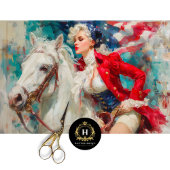 国旗の切り離しを持つ乗馬の愛国女性 薄葉紙