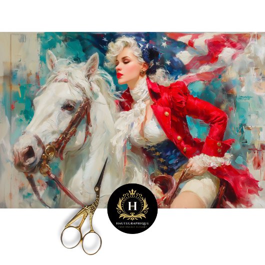 国旗の切り離しを持つ乗馬の愛国女性 薄葉紙