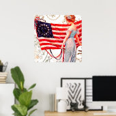 国旗の女性7月4日愛国的ヴィンテージはがきアート ポスター (ホームオフィス)