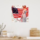 国旗の女性7月4日愛国的ヴィンテージはがきアート ポスター (キッチン)