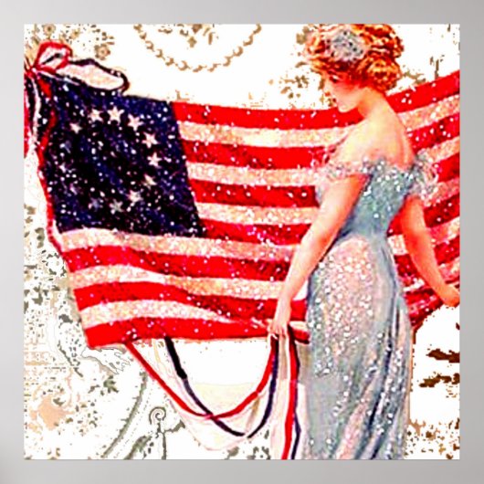 国旗の女性7月4日愛国的ヴィンテージはがきアート ポスター (正面)