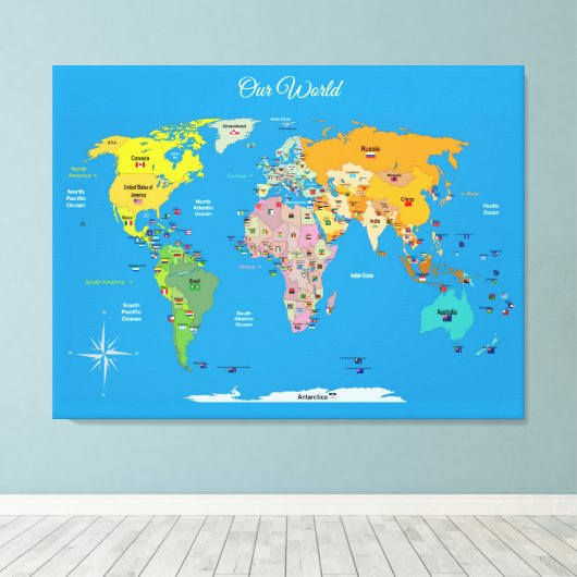 国旗付き世界地図   キャンバスプリント (インサイチュ (ウッドフロア))