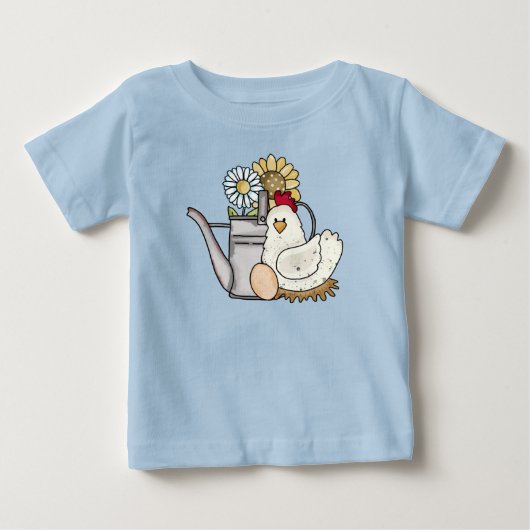 国産のひよこや水差し、ひまわり、デイジーの絵がかわいい子供用シャツ ベビーTシャツ (正面)