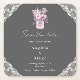 国産レースのメイソンジャー、グレー、保存日付のお知らせ スクエアペーパーコースター