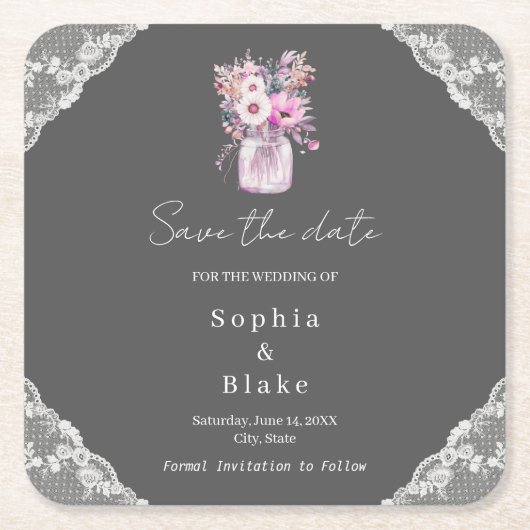 国産レースのメイソンジャー　グレー　保存日付のお知らせ スクエアペーパーコースター (正面)