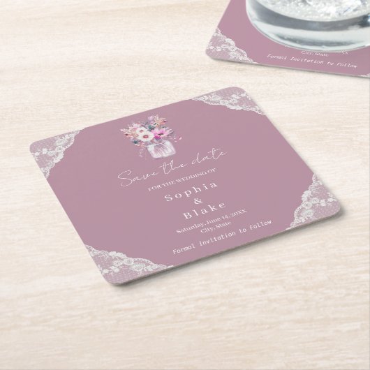 国産レースのメイソンジャー ピンクの「Save the Date」 スクエアペーパーコースター (アングル)