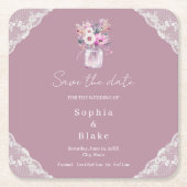 国産レースのメイソンジャー ピンクの「Save the Date」 スクエアペーパーコースター (正面)