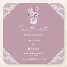 国産レースのメイソンジャー ピンクの「Save the Date」 スクエアペーパーコースター