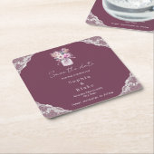 国産レースのメイソンジャー ワインレッド 保存日付のお知らせ スクエアペーパーコースター (アングル)