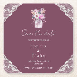 国産レースのメイソンジャー　ワインレッド　保存日付のお知らせ スクエアペーパーコースター