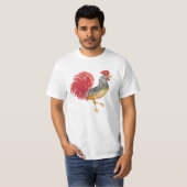 国産 赤いニワトリの水彩画イラスト Tシャツ (正面フル)