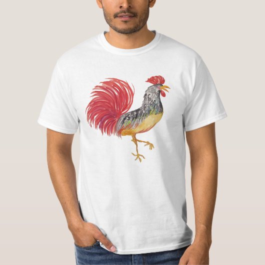 国産 赤いニワトリの水彩画イラスト Tシャツ (正面)