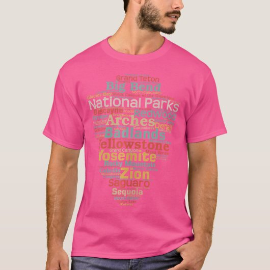 国立公園リスト ワードクラウド キャンプ ハイキング Tシャツ (正面)