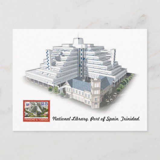 国立図書館、スペイン港、トリニダード・はがき ポストカード (正面)