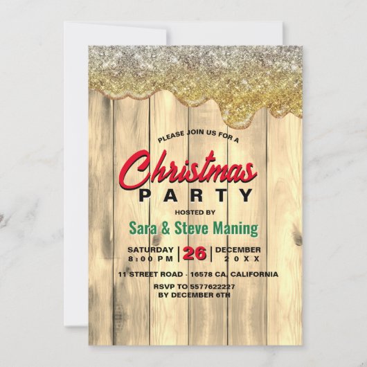 国素朴のクリスマスの休日パーティーの金ゴールドの乾燥 招待状 (正面)