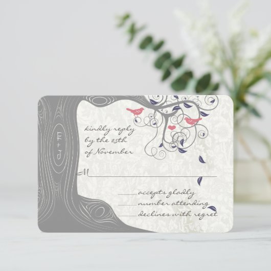 国素朴のシックな木の渦巻きラブバード結婚ズ 出欠カード (スタンド正面)